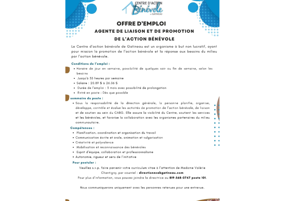 Offre d’emploi - Agente de liaison et de promotion de l’action bénévole